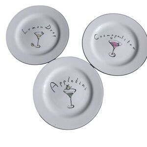 Pottery Barn Set of Three Martini Cocktail-Inspired White Ceramic Plate Set 8in